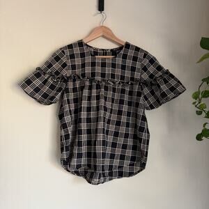 Madewell Plaid Ruffle Blouse – Black & Cream Cottagecore Preppy Top